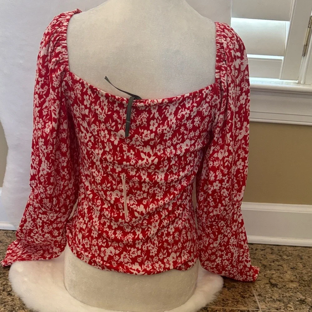 Anthropologie Red and White Floral V-Neck Long Sleeve Blouse